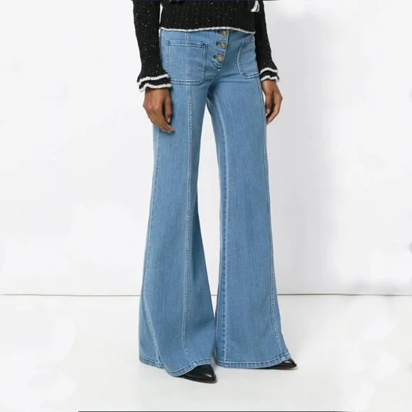 Chloe 6 / F 38 Denim Wide Flare Jeans Bell Bottom Button Fly Patch Pocket - Picture 3 of 15